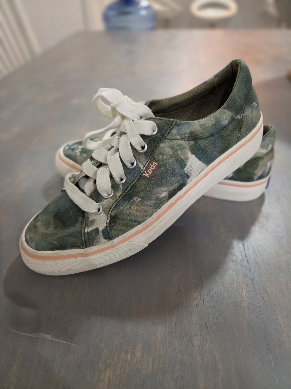 Keds Women's Camouflage Canvas Sneakers in Green with White Laces and Pink Trim